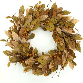 20-inch fall wreath adorned with brown magnolia leaves and small pomegranate berries, suitable for home, outdoor, farmhouse, porch, wall, and window