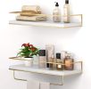 White Floating Shelves - Set of 2, Wall Mounted Hanging Shelves with Gold Towel Bar, Decorative Storage Shelves for Bathroom, Kitchen, Living Room an