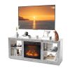 Silver Mirror Modern TV Stand with 18 Inch Fireplace Insert & Storage Shelves, Medium Density Fiberboard Fireplace TV Console for Living Room, 143 x