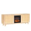 70" Oak Finish Low-Profile Fireplace TV Stand with 2 Doors & Rattan Front for 18" Insert
