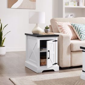 Farmhouse end table Nightstand Rectangular Farmhouse End Table with Barn Door and Adjustable Storage Shelf, Rustic Sofa Side Table for Living Room, B